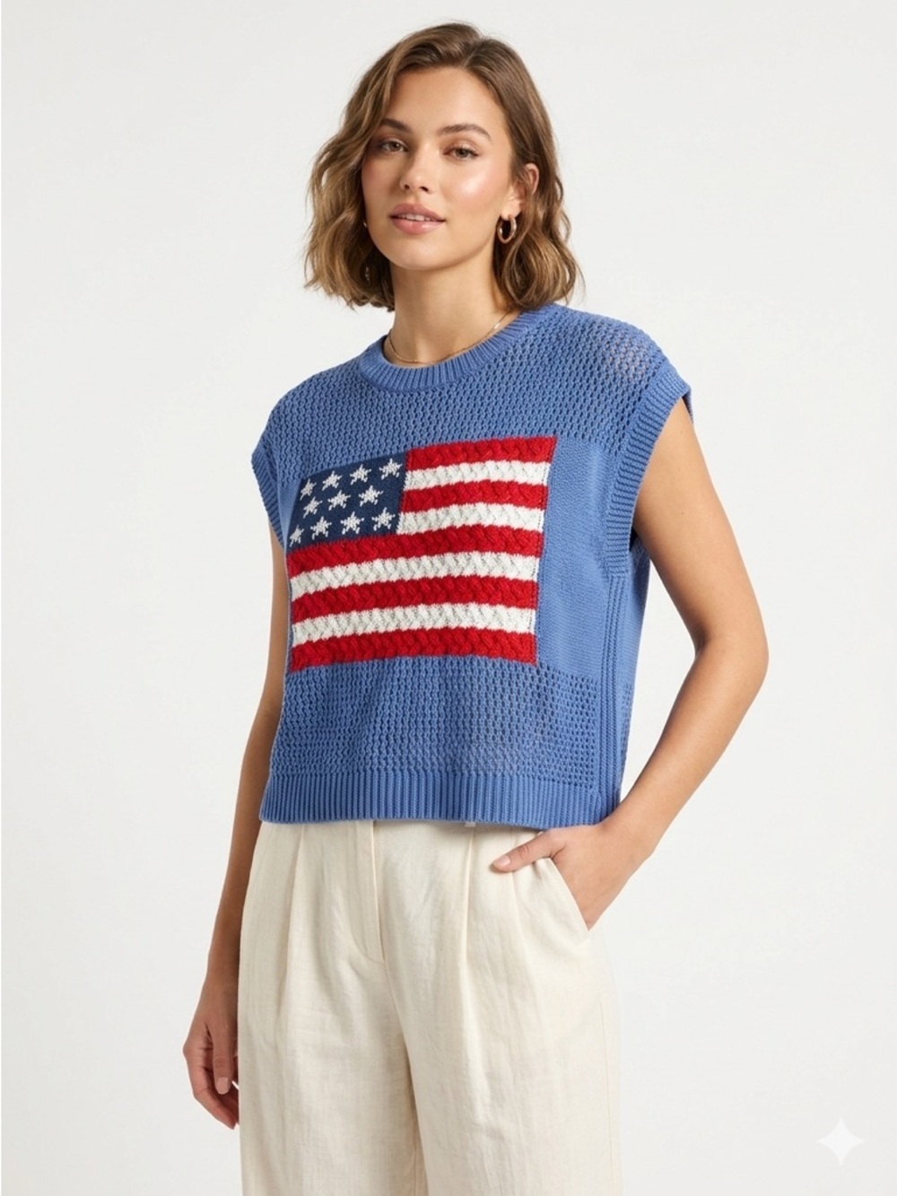 Anniewear Sweater Vest American Flag Open Knit Acrylic Blue Small
